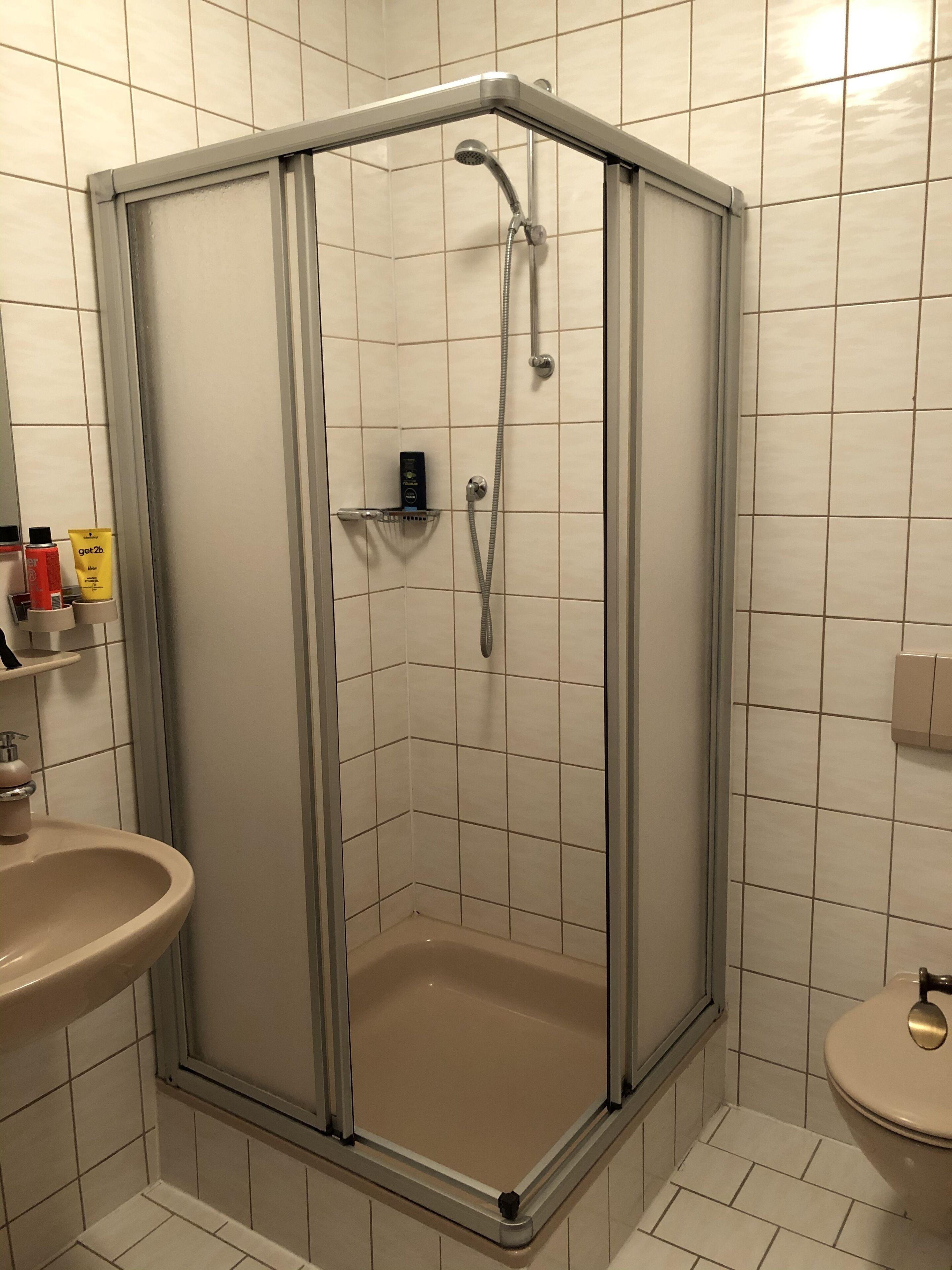 Eine Duschkabine mit Glastür, ein Waschbecken und eine Toilette in einem Badezimmer mit weißen Fliesenwänden.