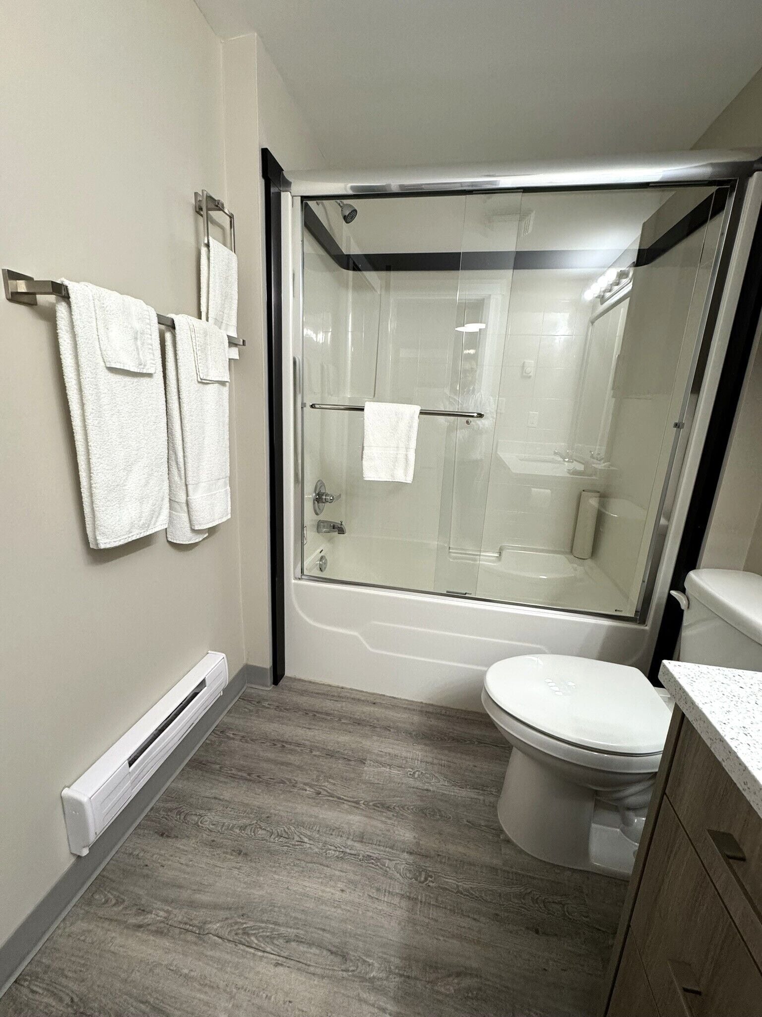 A modern bathroom with a glass-enclosed shower, a toilet, and a vanity with a countertop.