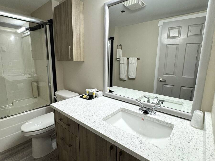 Une salle de bain moderne avec un lavabo blanc, un grand miroir et une cabine de douche en verre.