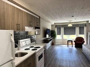 Standard Room, 1 King Bed | Private kitchen | Full-sized fridge, oven, stovetop, cookware/dishes/utensils