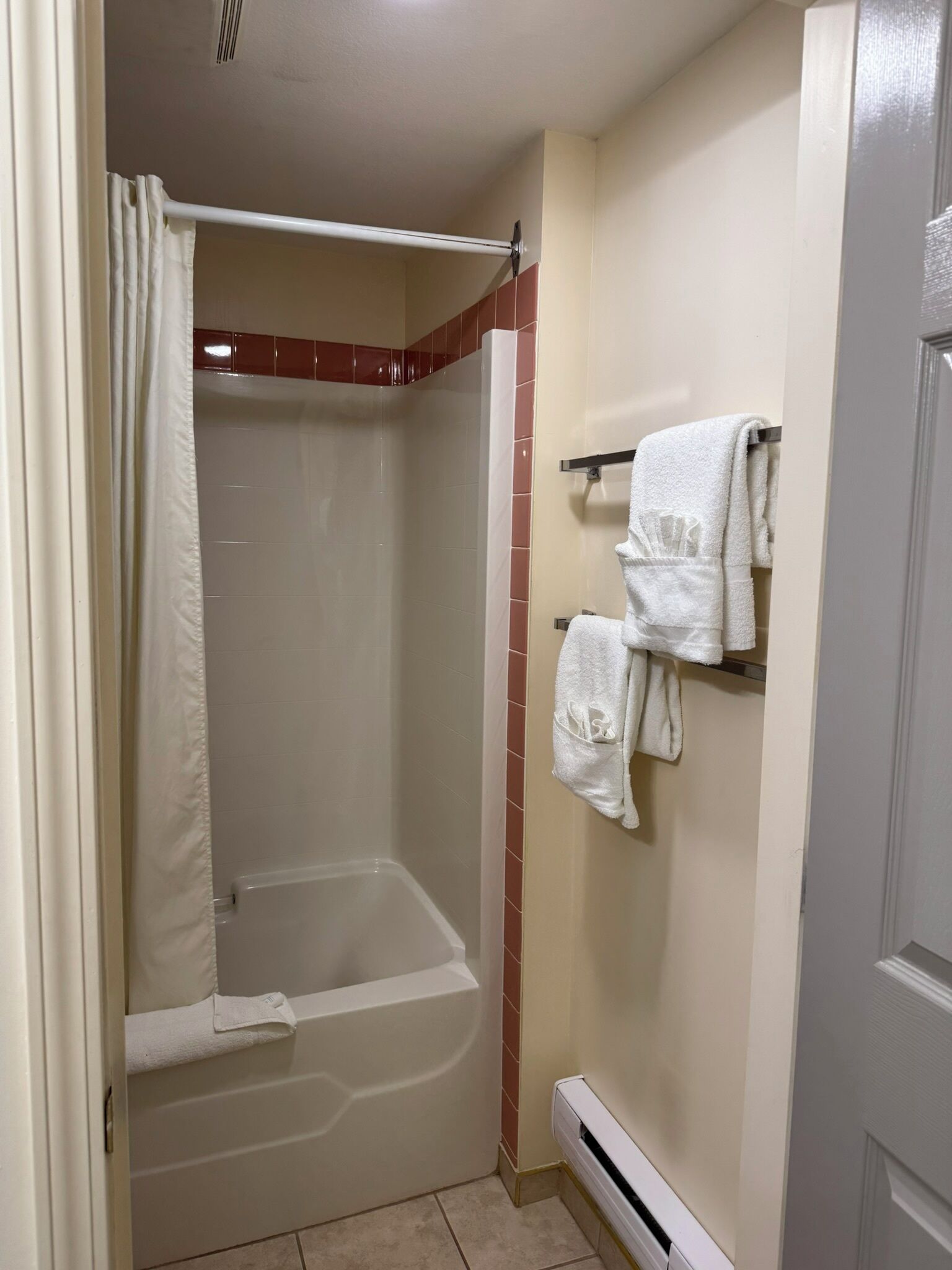 A bathroom with a shower, a towel rack with towels, and a radiator.