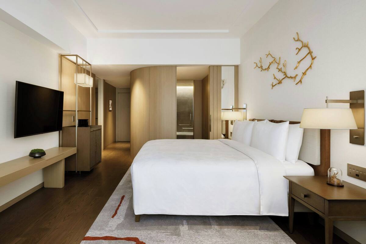 A modern hotel room with a large bed, bedside tables, a flat-screen TV, and a mirror.