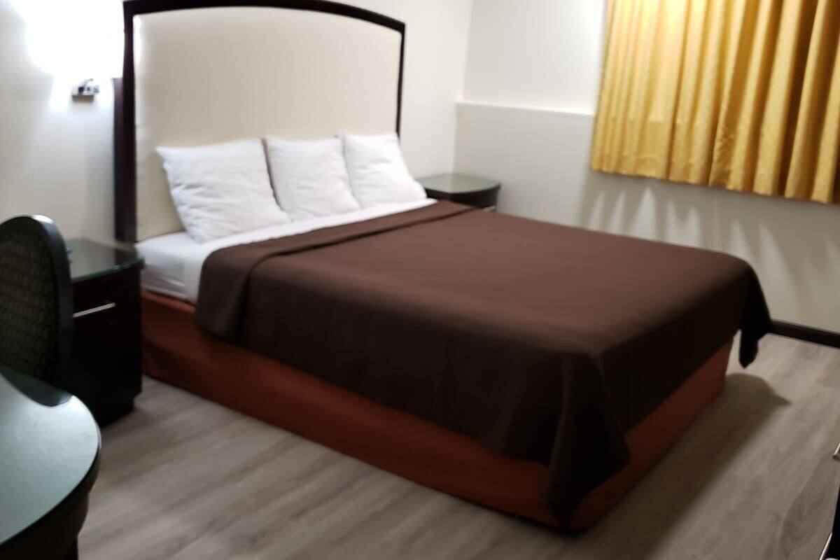 A hotel room with a bed, bedside table, lamp, and a window with curtains.