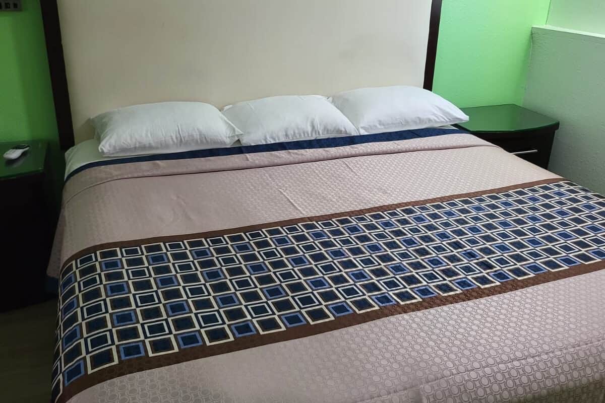 A bed with a beige headboard, white pillows, and a patterned bedspread.