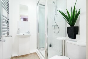 A modern bathroom with a glass-enclosed shower, a sink, and a toilet.