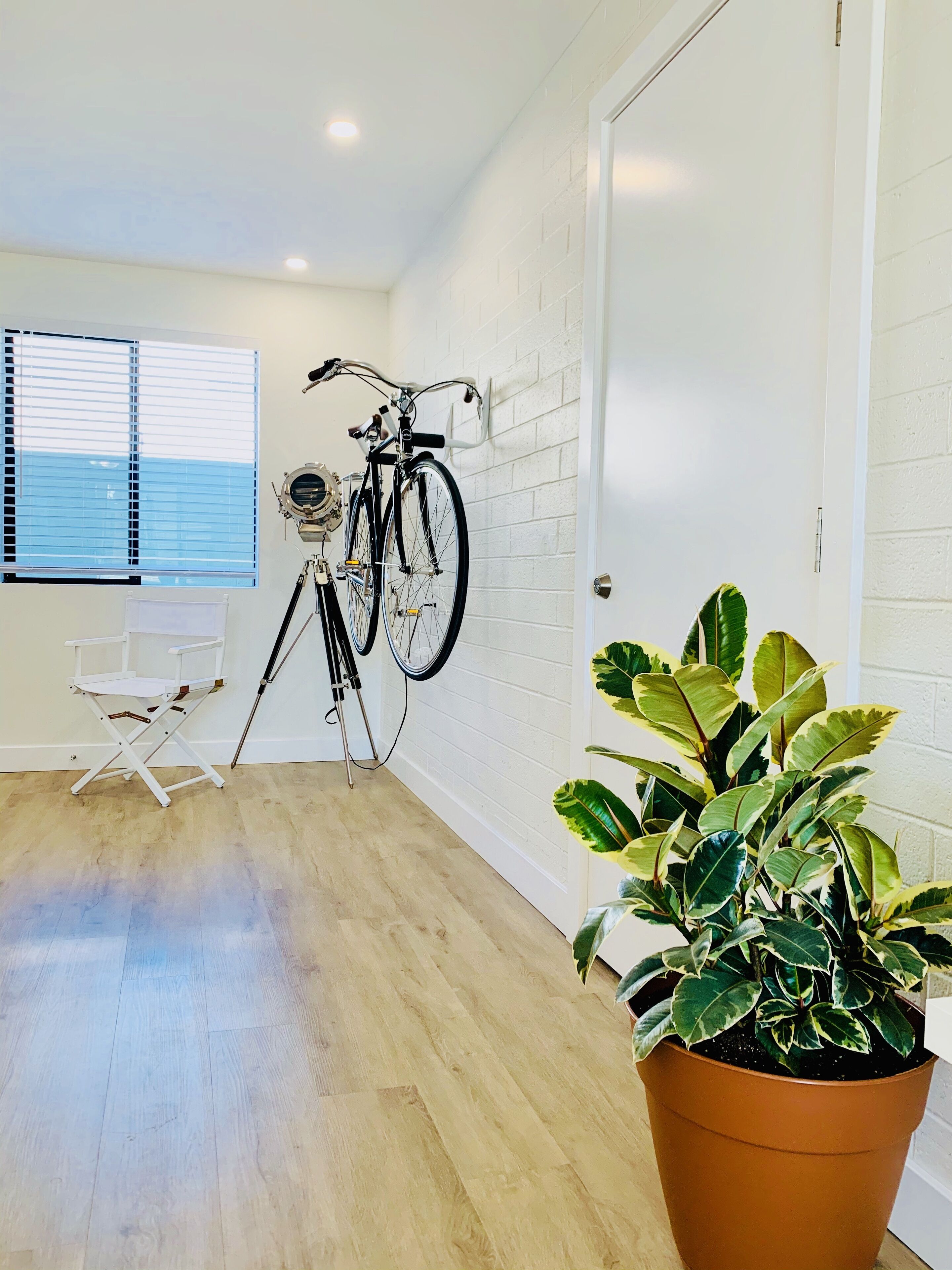 A room with a wooden floor, a white brick wall, a large window with blinds, a bicycle, a tripod, a white folding chair, and a potted plant.