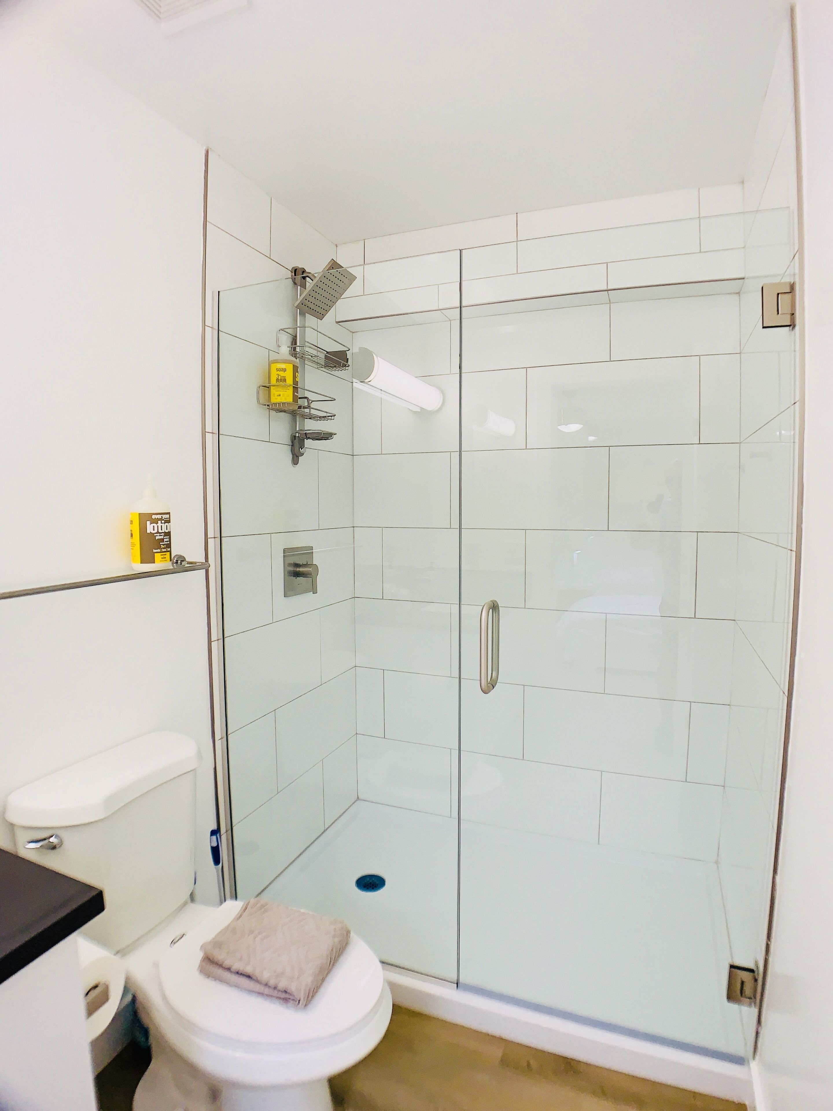 A modern bathroom with a glass-enclosed shower, a toilet, and a sink.