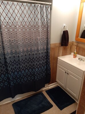 Duschwanne, Haartrockner, Handtücher, Seife