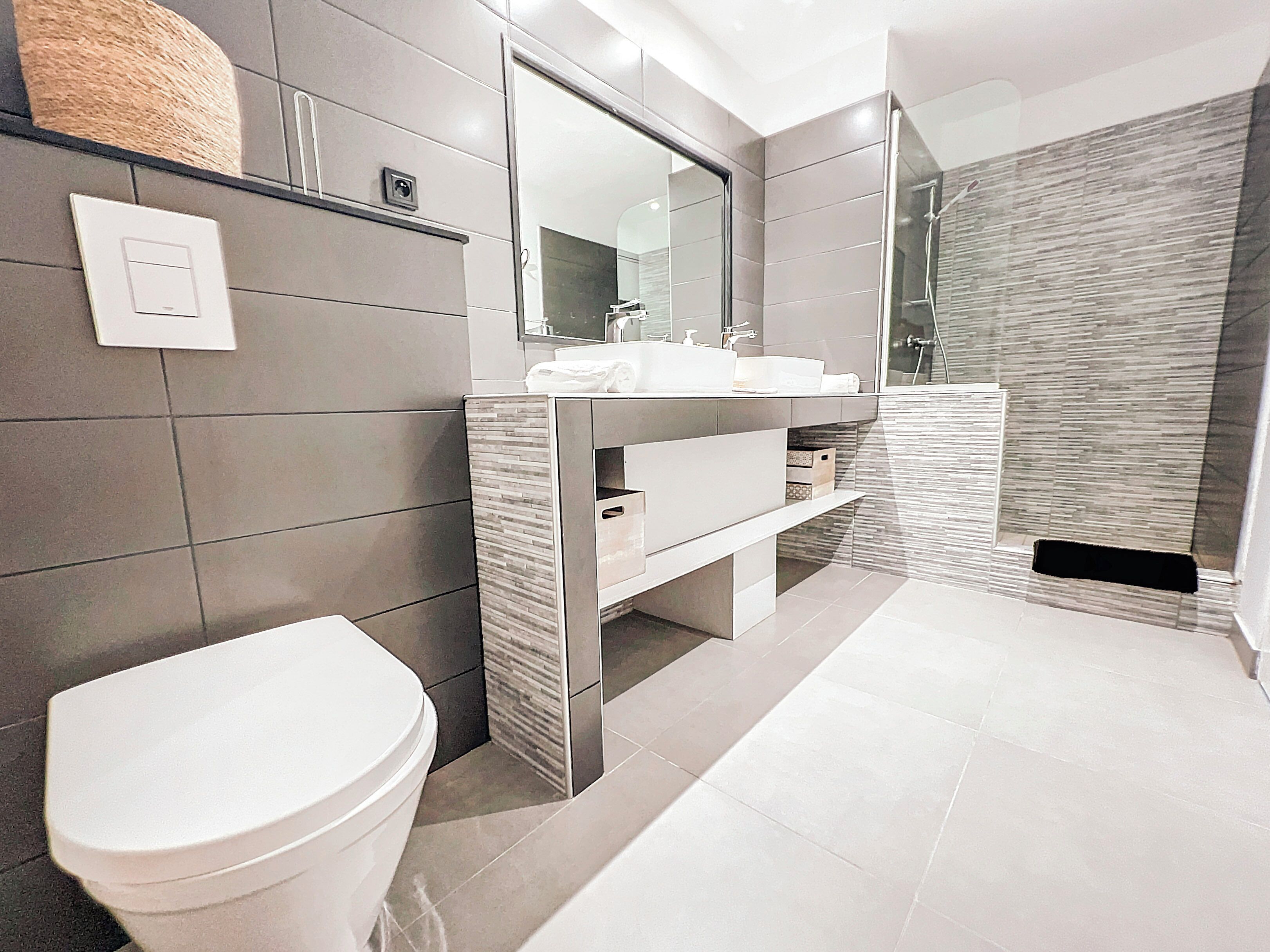 A modern bathroom with a toilet, a vanity with a mirror, and a shower area.