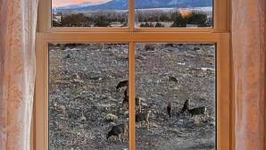 A window with a view of a mountainous landscape during sunset.