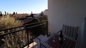 Ein Balkon mit Tisch und Stühlen, mit Blick auf eine Wohngegend mit Häusern und Bäumen.