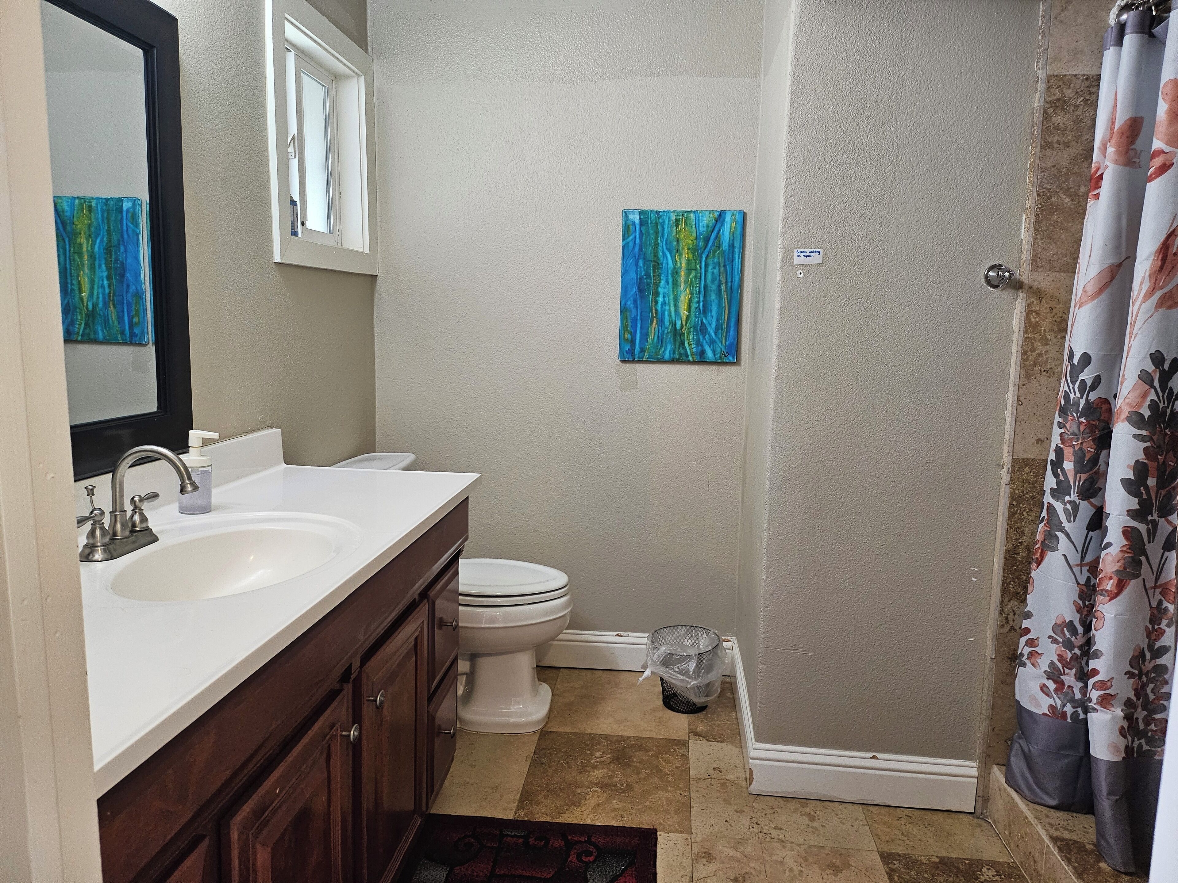 Een badkamer met twee wasbakken, een toilet en een douche. Op de muur hangen twee abstracte schilderijen.