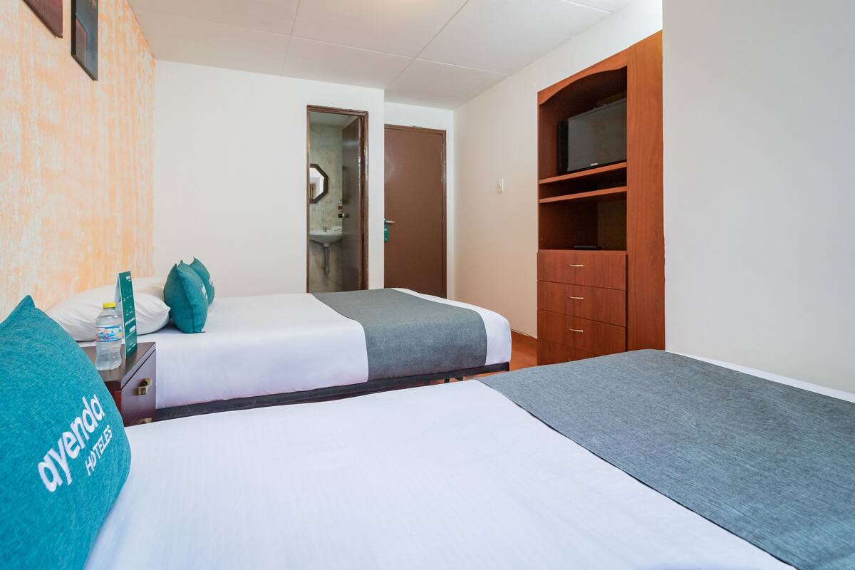 Habitación de hotel con dos camas, baño y televisión.