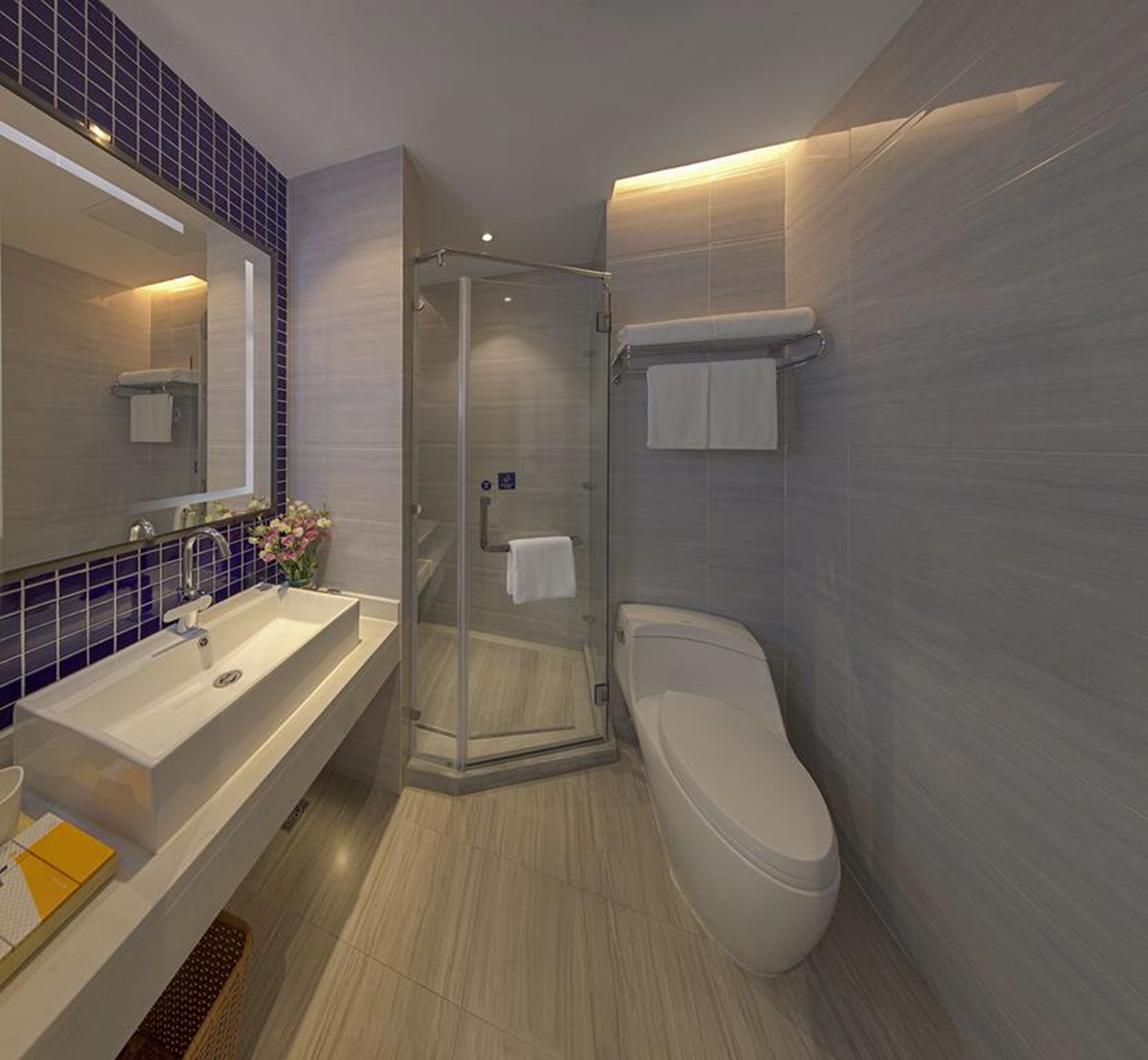 shower, hair dryer, slippers, towels