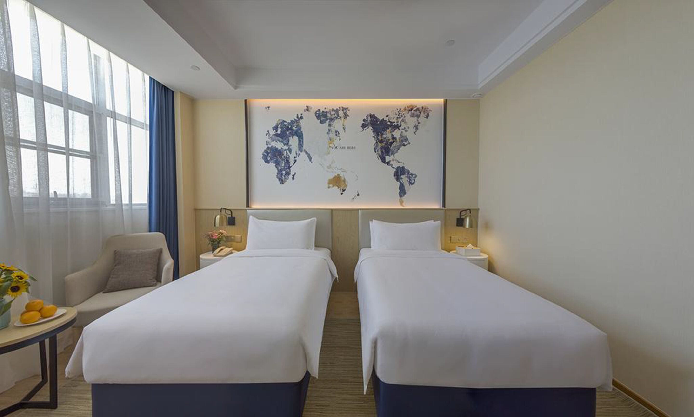 basic twin room | desk, laptop workspace, blackout curtains, soundproofing