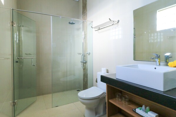 Un baño moderno con ducha envuelta en vidrio, inodoro blanco y un lavamanos grande con espejo arriba.
