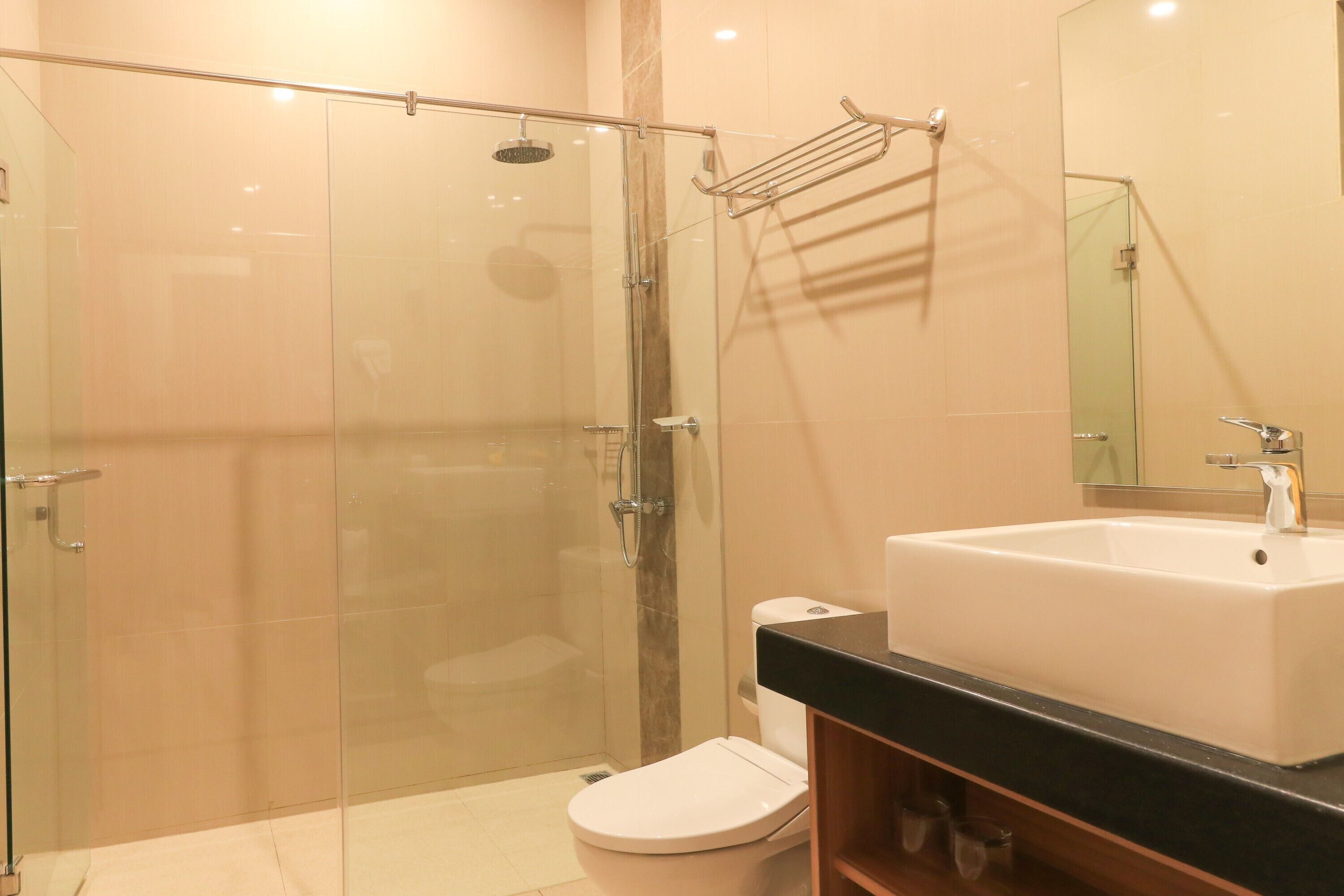 A modern bathroom with a glass-enclosed shower, a white toilet, and a large sink with a black countertop.