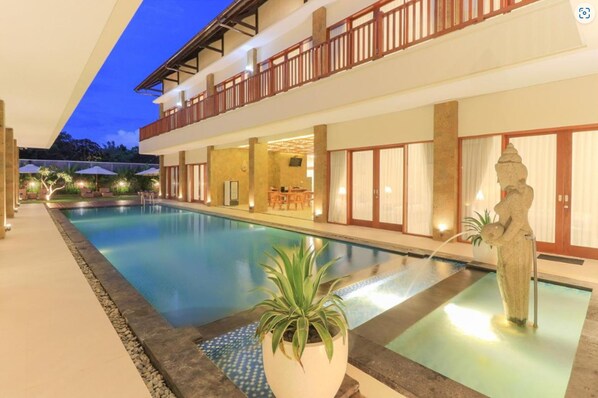 Outdoor pool, pool umbrellas, pool loungers