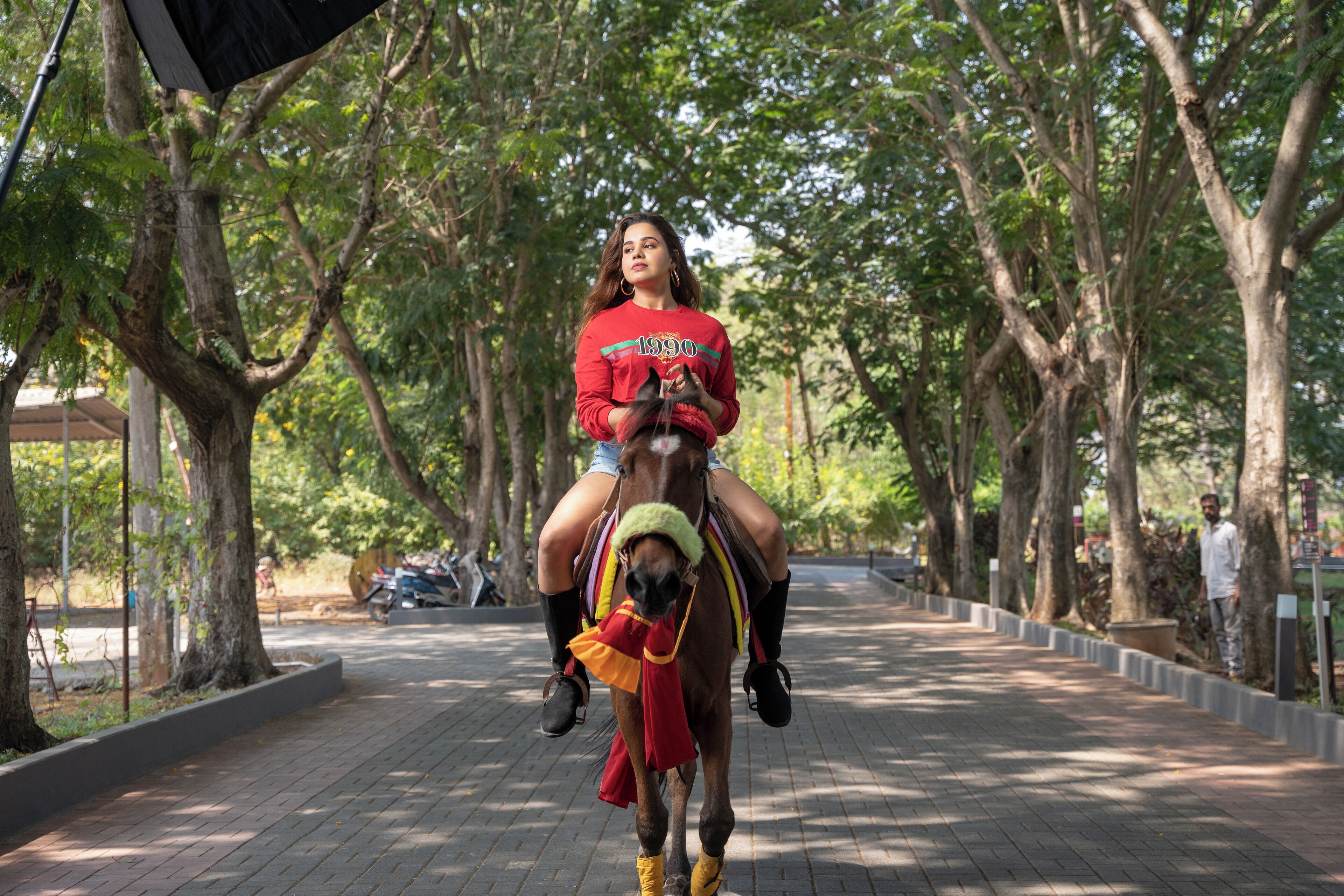 A person riding a horse on a paved path surrounded by trees.