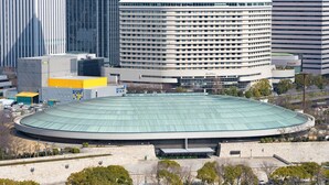 A large, circular stadium with a green roof, surrounded by modern buildings and a parking area. - At RLiS House Tsutenkaku (Osaka)