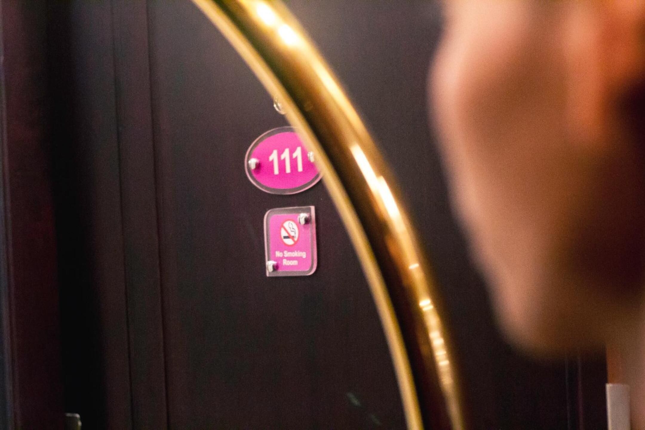 A door with a sign indicating room number 111 and a no-smoking sign.