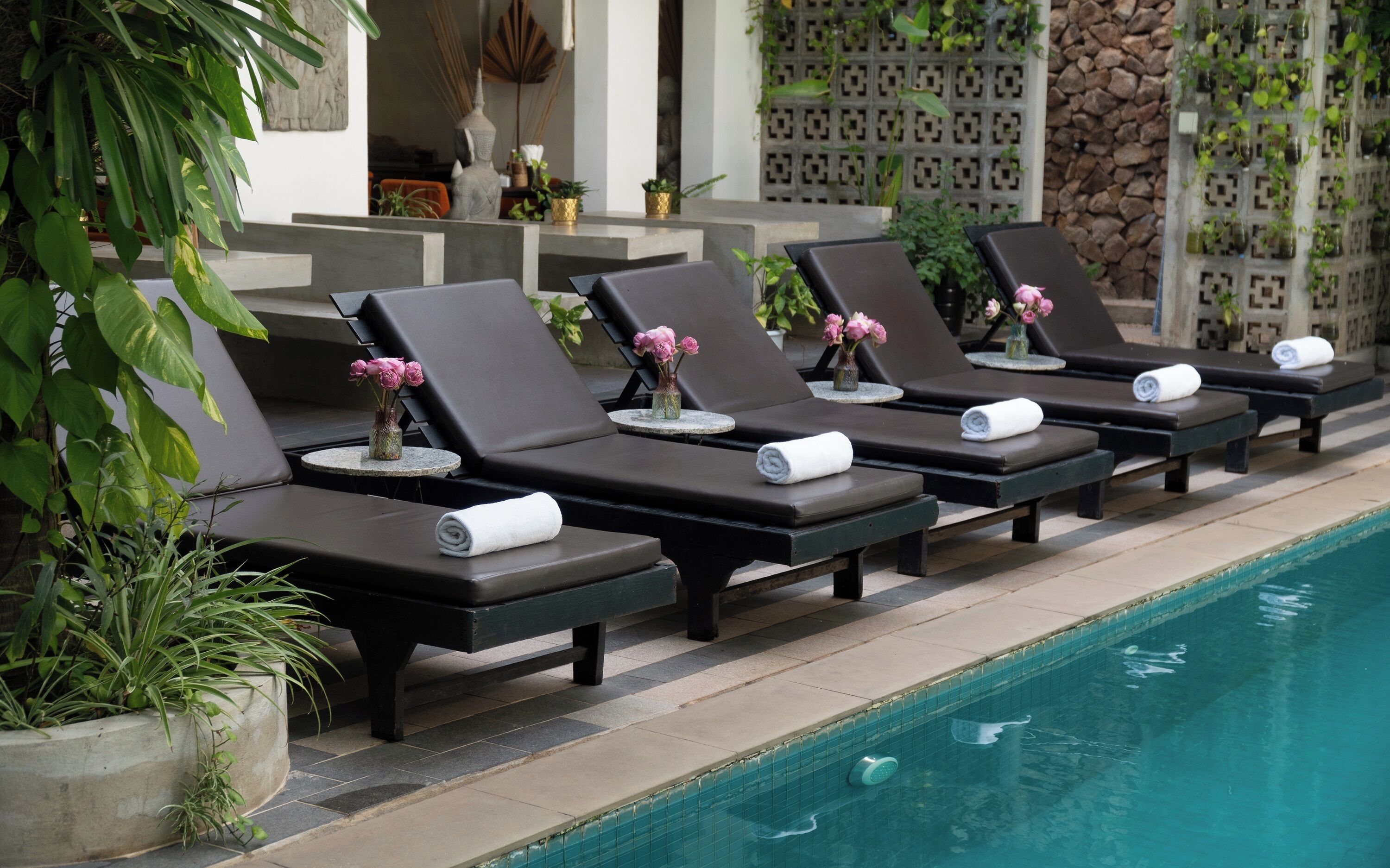 Un área junto a la piscina con sillones de descanso, algunos con toallas, y plantas en macetas.