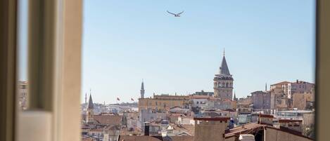 A cityscape with a prominent tower and a bird flying in the sky.