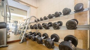 Une salle de sport avec des rangées d’haltères sur des supports, un tapis de course et d’autres équipements de remise en forme.