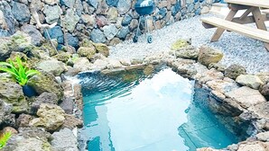 A small, clear water feature surrounded by rocks and a potted plant.