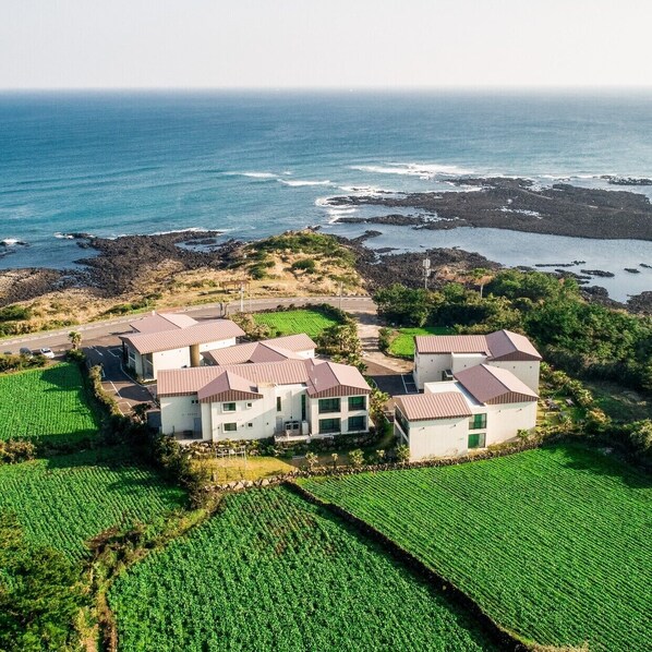 A coastal property with multiple buildings, green fields, and rocky terrain. - Jeju Ocean Square Resort (Seogwipo)