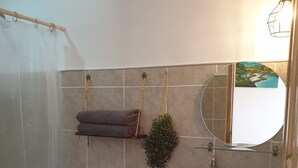 Een badkamer met een toilet, een wastafel met een stenen wasbak, een hangplant en een douchegordijn.