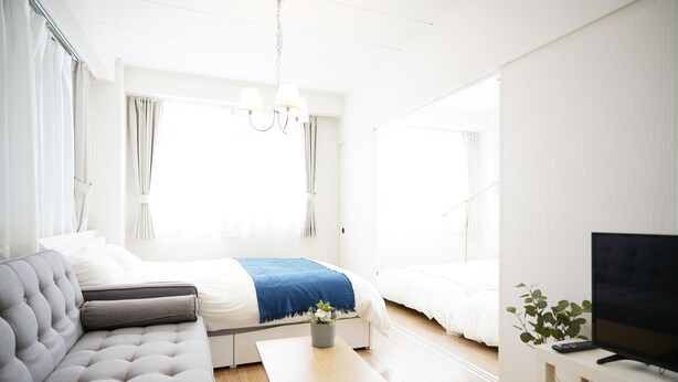 Una habitación moderna y bien iluminada con sofá, cama, televisor y una pequeña mesa con una planta.