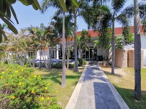 Stroll through the lush gardens, surrounded by tropical plants and trees, towards the modern building with a red roof.