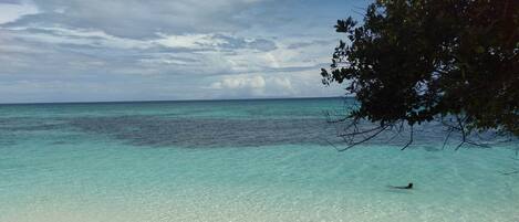A beach with clear turquoise water, a sandy shore, and a person swimming.
