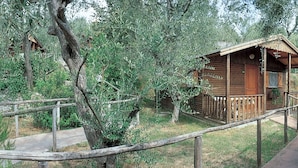 A rustic wooden cabin with a porch, surrounded by olive trees and a wooden fence. - Bungalow Village Le Caravelle - by Mamberto S.r.l. (Ceriale)