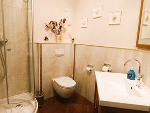 Hair dryer, towels, soap, toilet paper