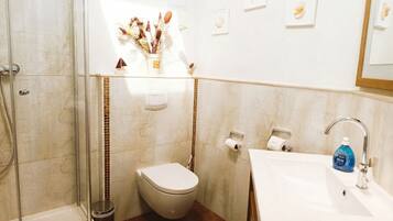 Een badkamer met douche, toilet en wastafel.