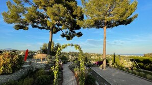 Un sendero atraviesa un jardín con árboles altos y vista a un pueblo lejano.