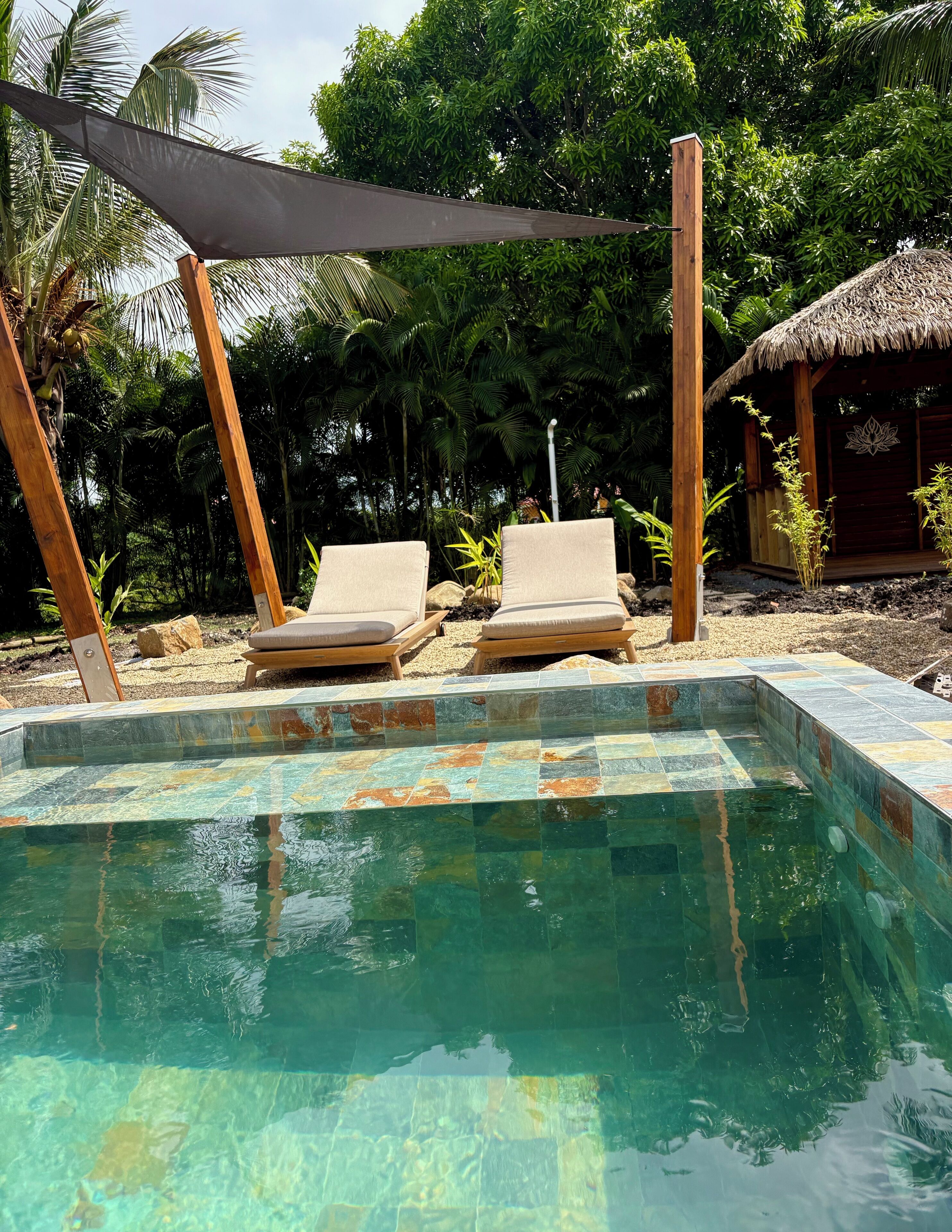 A swimming pool with two lounge chairs and a thatched-roof structure in a tropical setting.