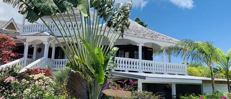 A colonial-style house with a white porch and a garden with colorful flowers and tropical plants.