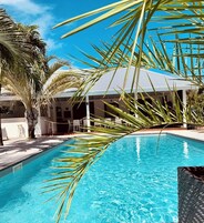 Piscina azul e límpida rodeada por palmeiras e uma área coberta com cadeiras.