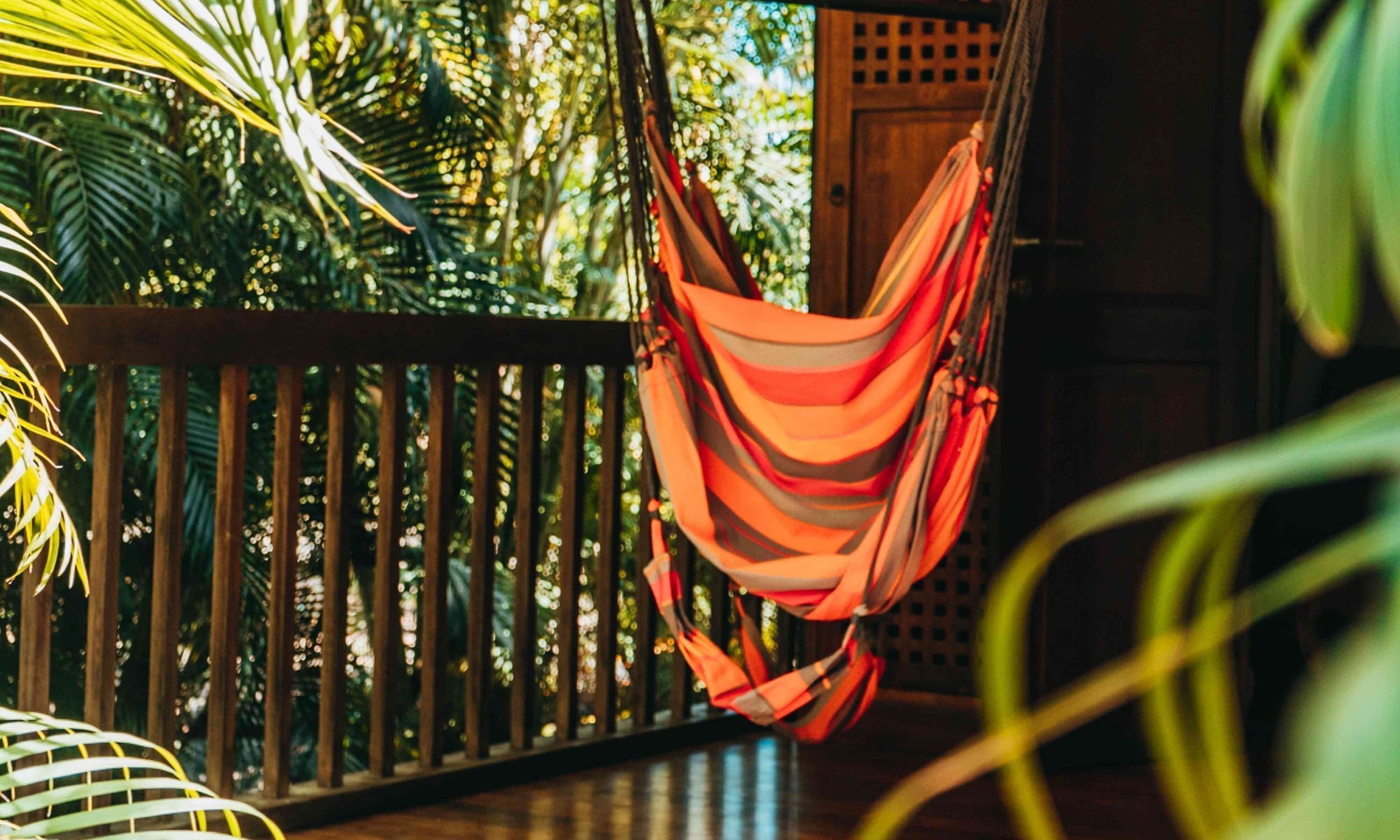 A hammock hanging between wooden posts in a lush, green outdoor area with a wooden fence and a door in the background.