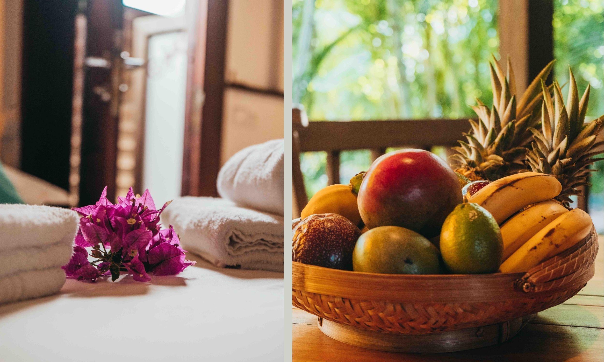 A room with a bed, a wooden chair, and a basket of fruit on a table.