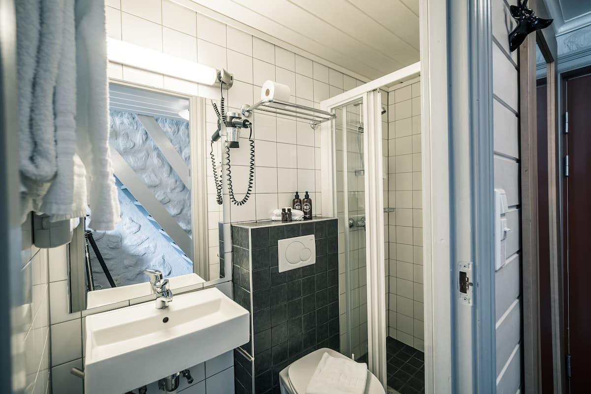 classic double room | bathroom | shower, hair dryer, bathrobes, towels