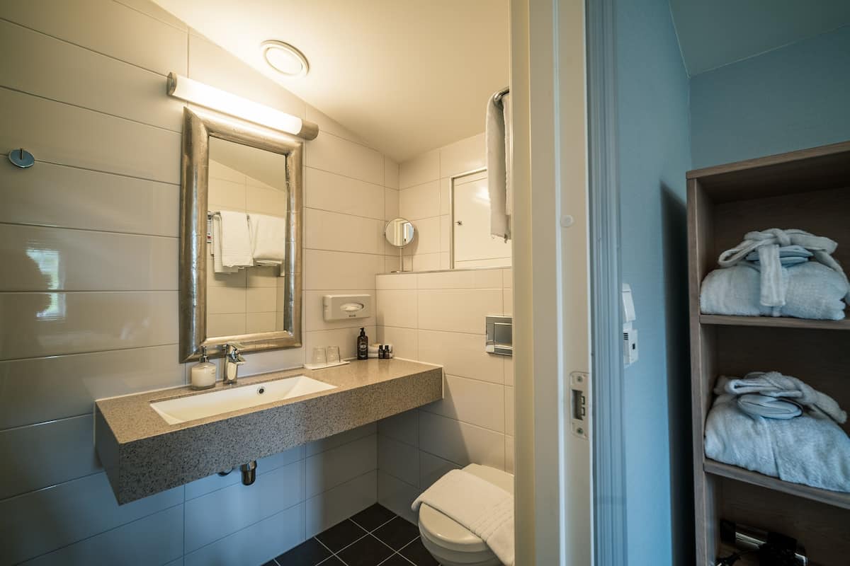 deluxe double room | bathroom | shower, hair dryer, bathrobes, towels