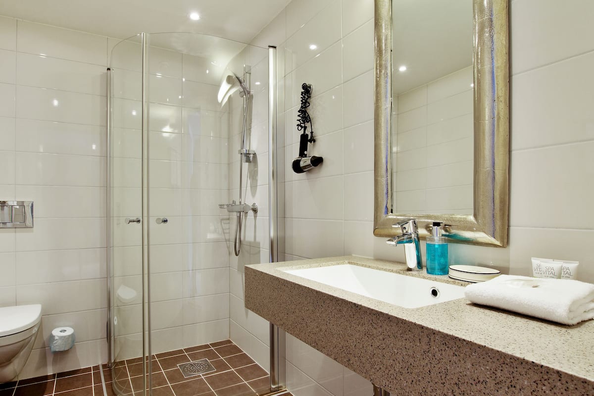 studio suite | bathroom | shower, hair dryer, bathrobes, towels
