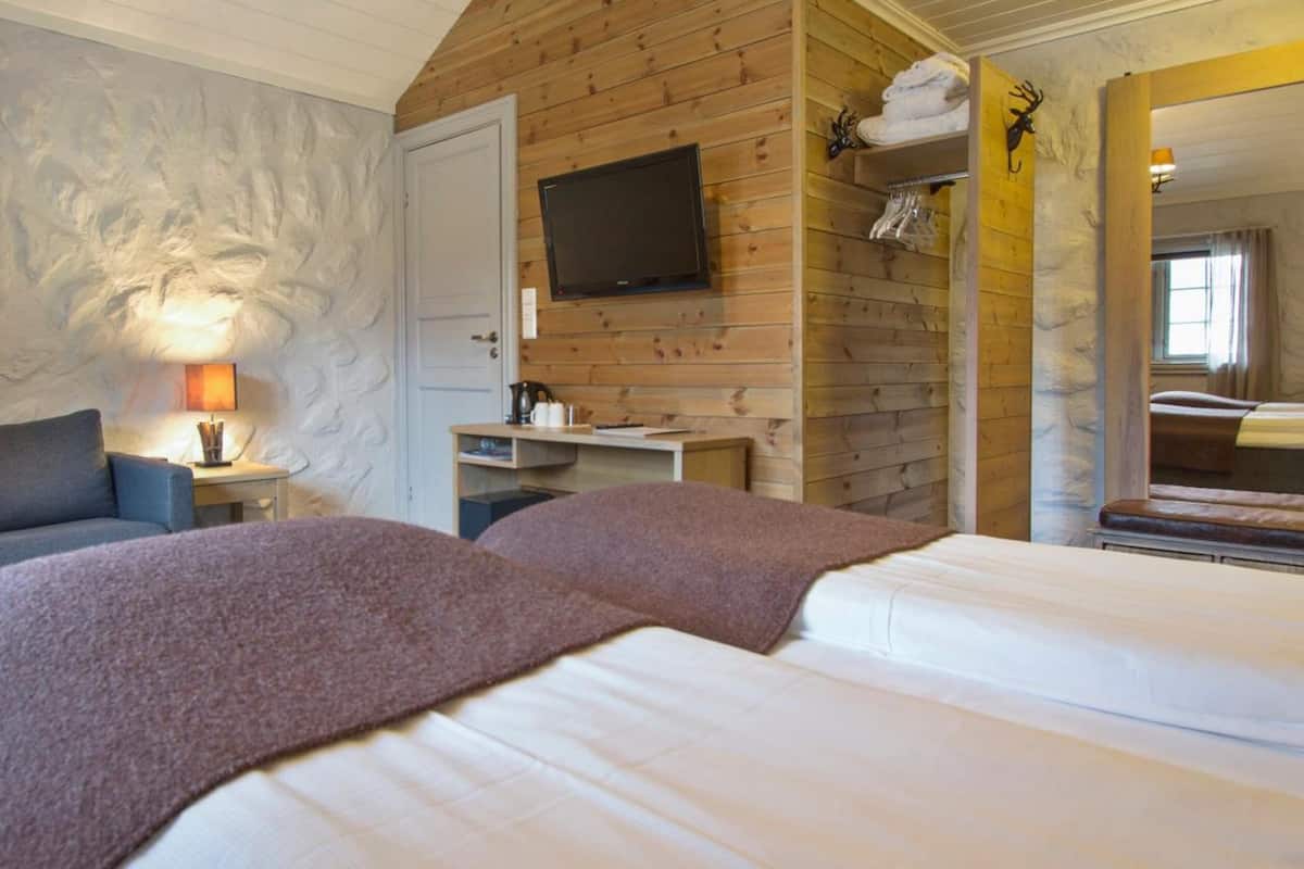 A cozy room with two beds, a desk, a television, and a mirror.