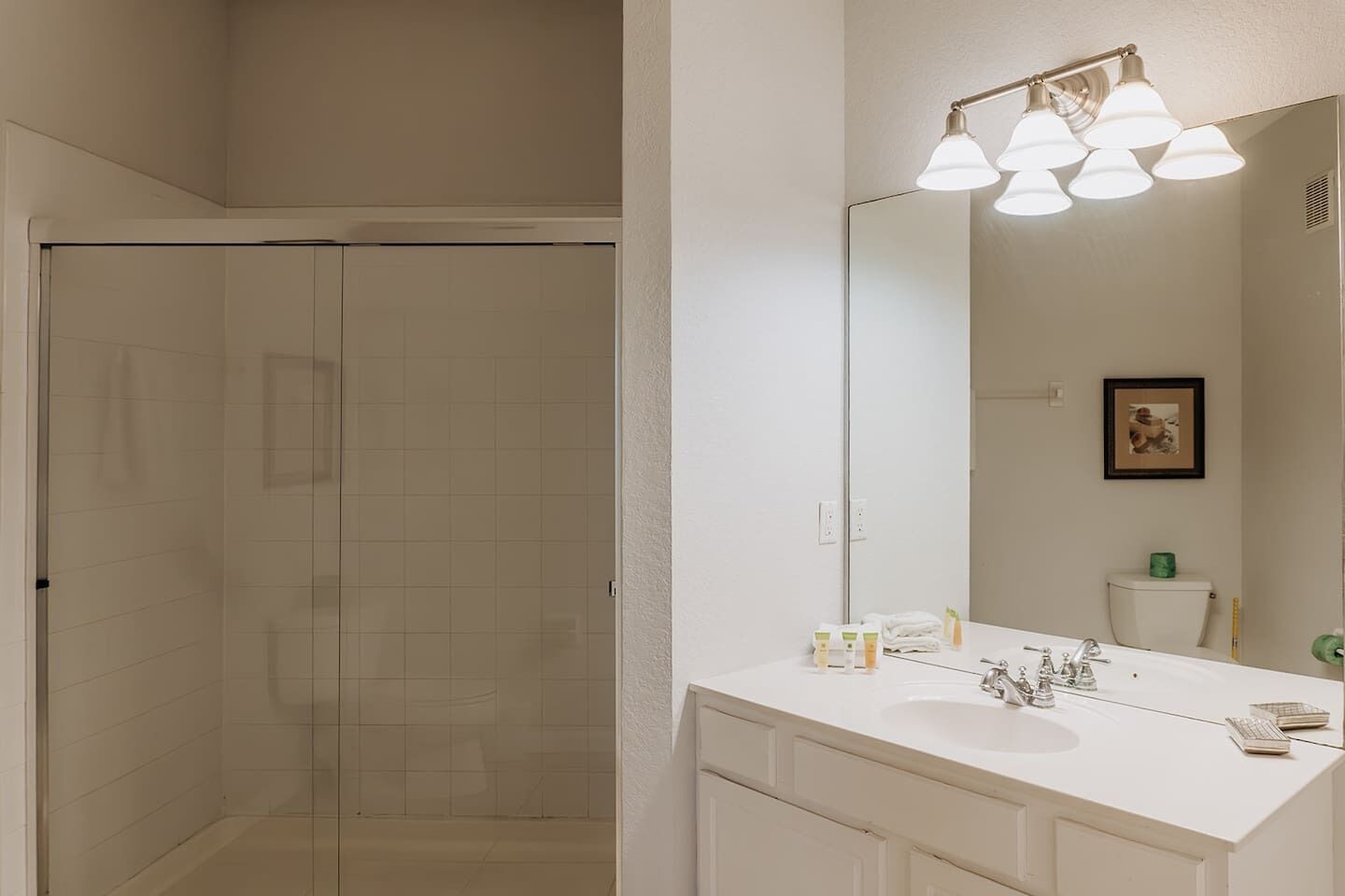 Un bagno con doccia, un lavandino con specchio e un lampadario sopra lo specchio.