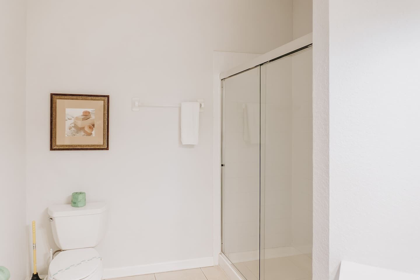 A bathroom with a toilet, a framed picture, a towel rack, and a glass shower enclosure.