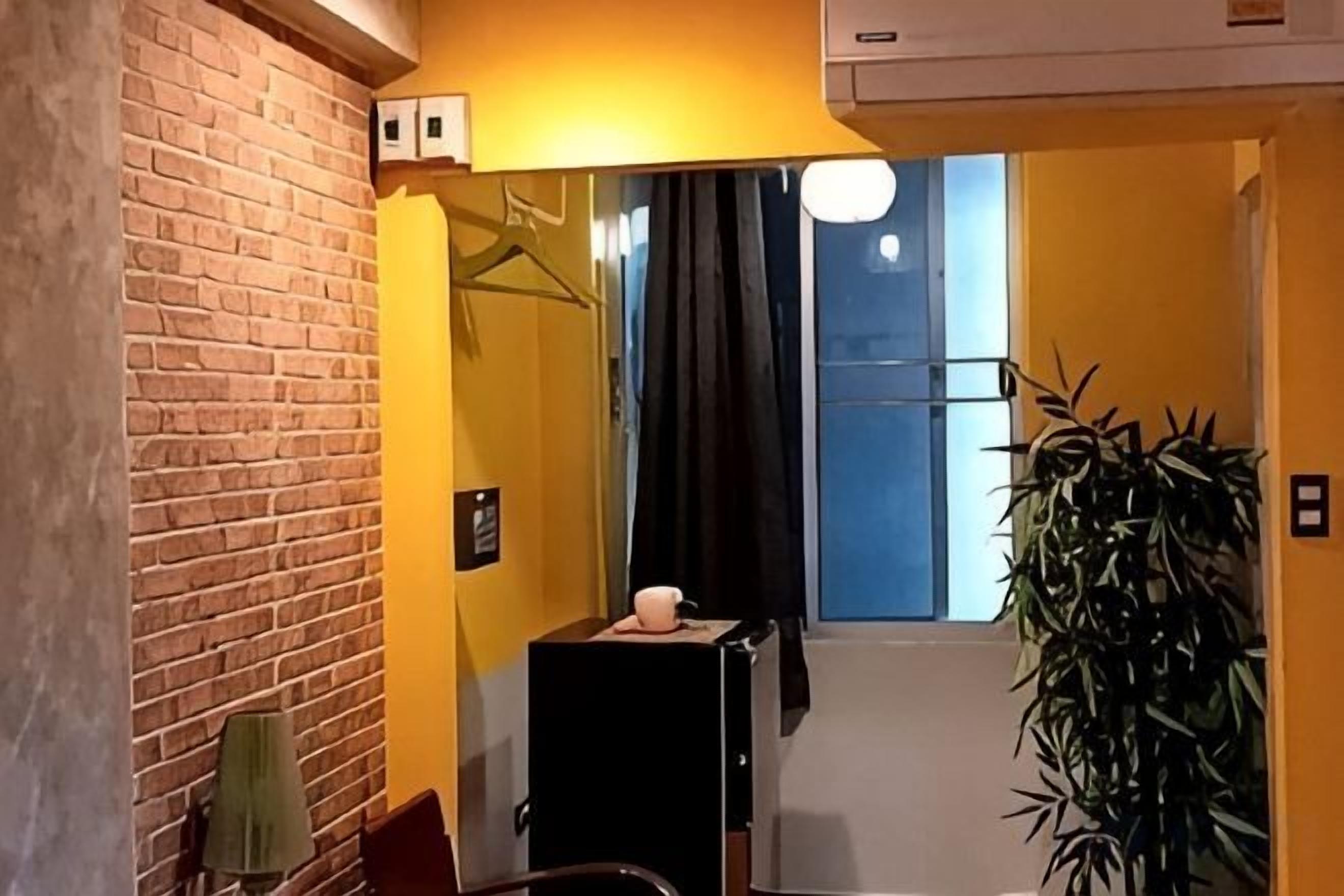 Un pasillo estrecho con pared de ladrillo, un armario negro, un perchero y una planta en maceta.